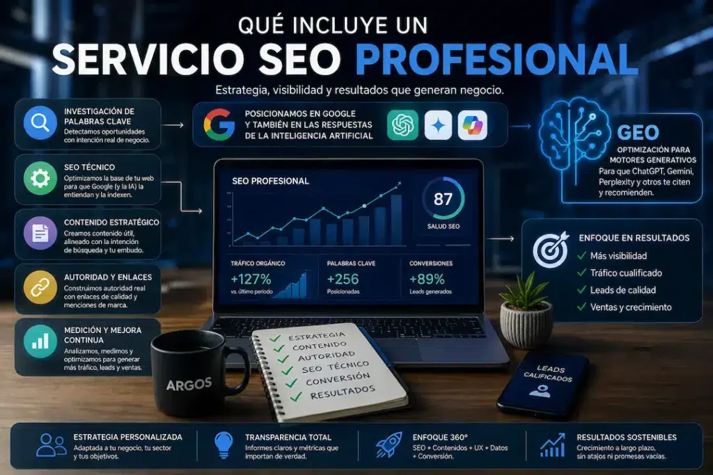 Servicio SEO profesional con estrategia SEO, GEO, posicionamiento en Google, ChatGPT, Gemini y captación de clientes