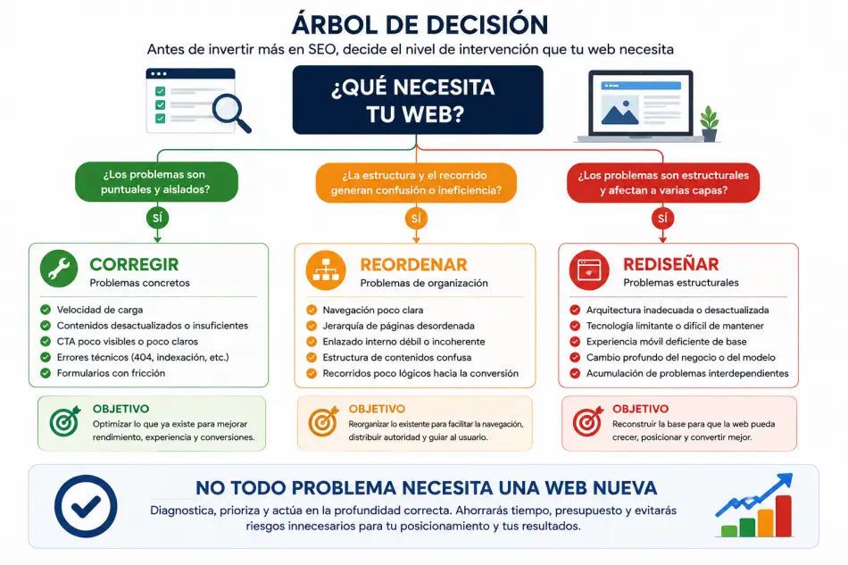 Árbol de decisión para saber cuándo corregir, reordenar o rediseñar una web antes de hacer SEO