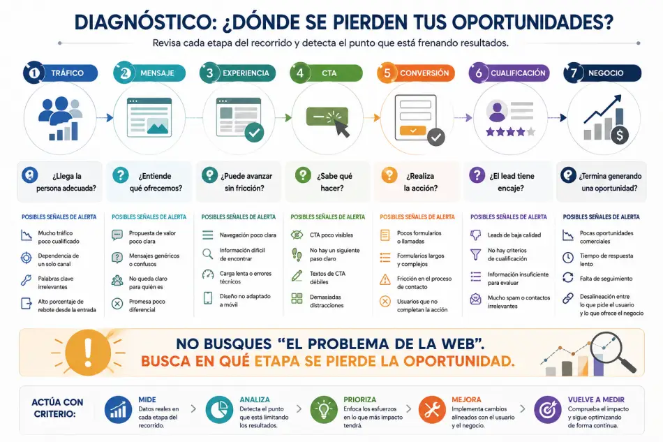 Diagnóstico para detectar dónde pierde oportunidades una web desde el tráfico hasta la conversión y el negocio