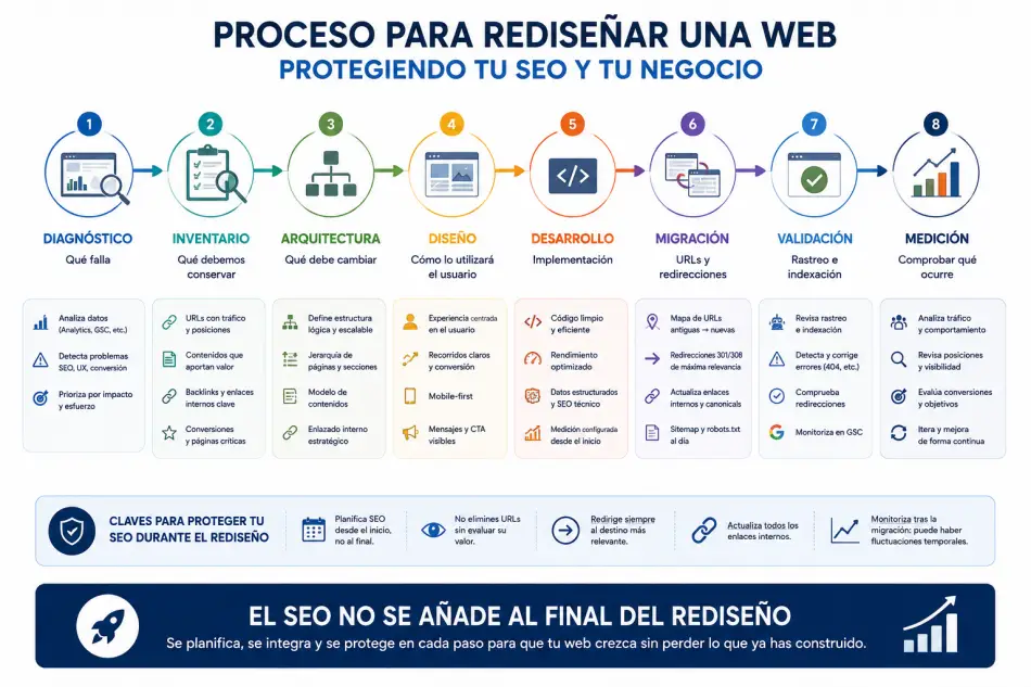 Proceso de rediseño web con SEO desde el diagnóstico y la arquitectura hasta la migración y medición