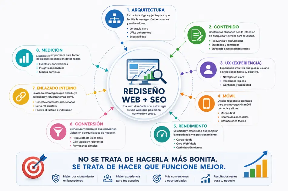 Elementos que relacionan el rediseño web con SEO, arquitectura, experiencia de usuario y conversión