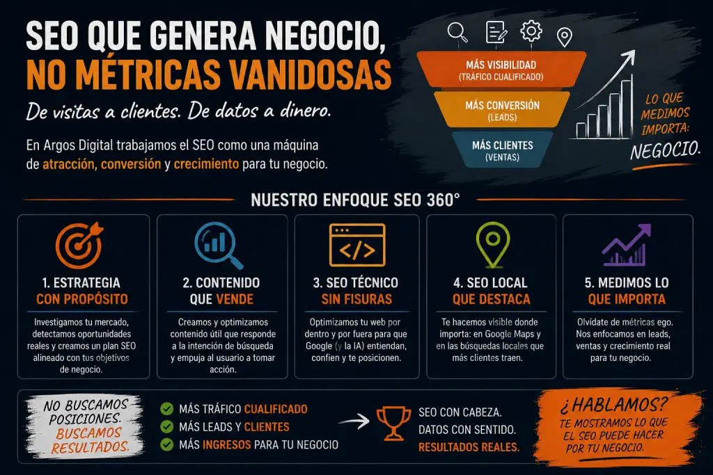 Infografía de SEO que genera negocio con estrategia, contenido que vende, SEO técnico, SEO local, medición de leads, clientes e ingresos
